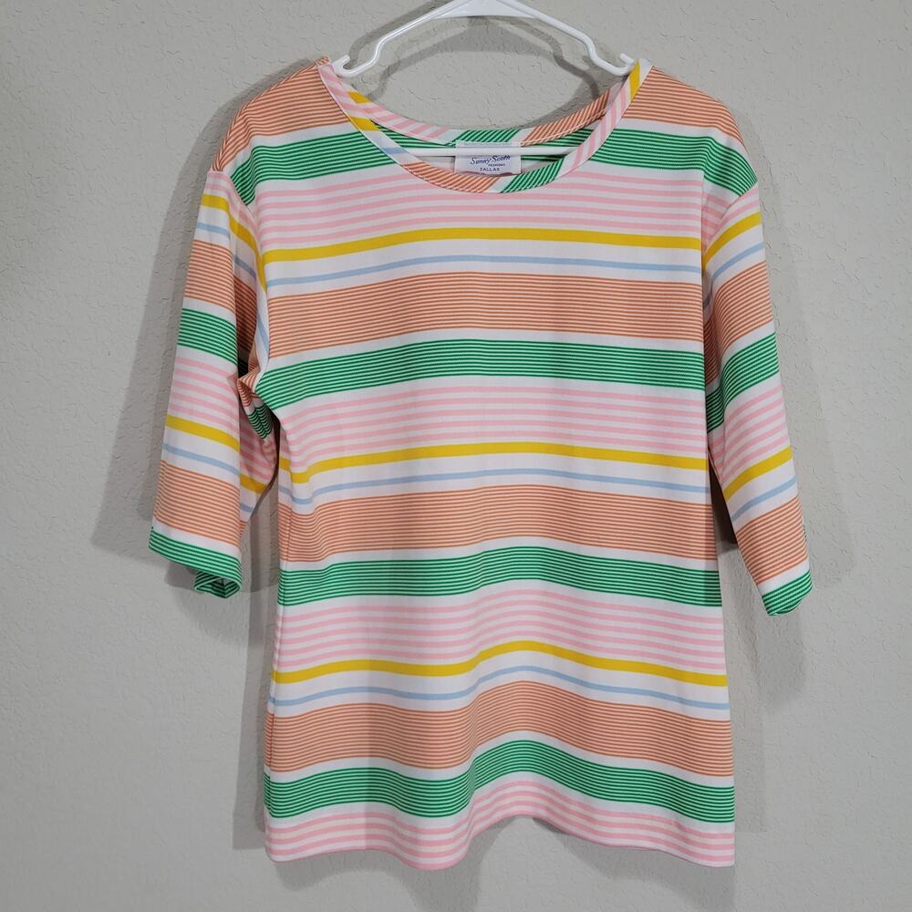Vintage 70s Top Sunny South Dallas Women M / L Multicolor Stripe Casual Colorful